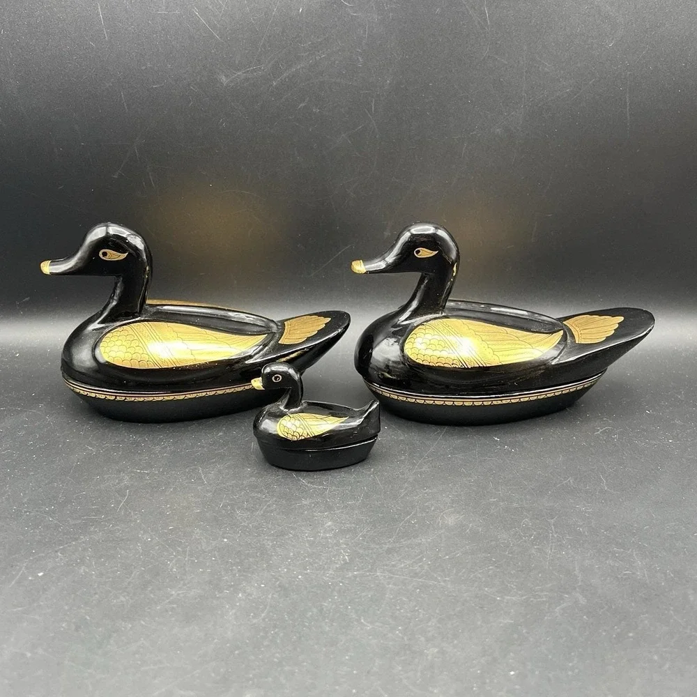 Vintage Black And Gold Gilded Lacquered Duck Wood Trinket Box Set Family Of 3